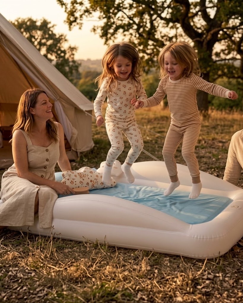 Niñas jugando sobre la cama inflable Sleepah al aire libre
