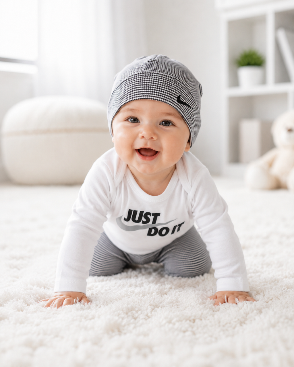 Conjunto Nike “Just Do It” 3 Piezas Bebé — Camiseta, Pantalón y Gorrito Original