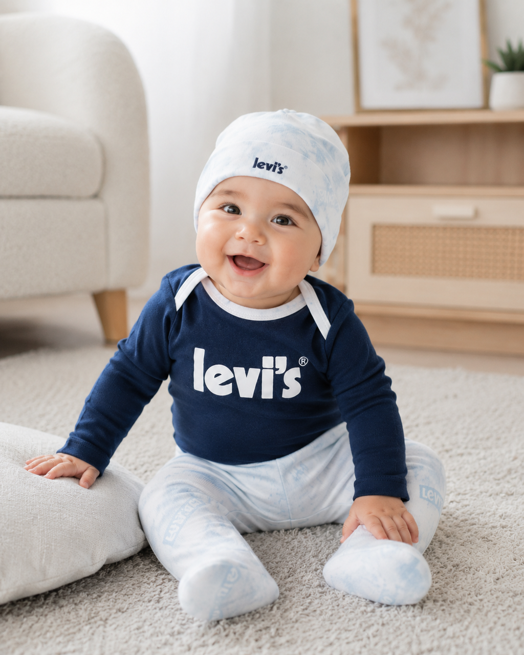 Conjunto Levi’s 3 Piezas Bebé — Camiseta, Pantalón y Gorrito Original