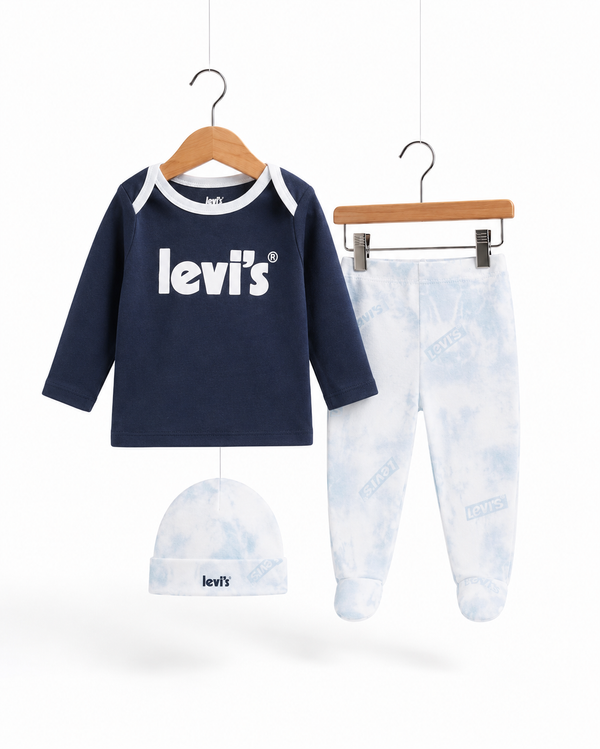Conjunto Levi’s 3 Piezas Bebé — Camiseta, Pantalón y Gorrito Original
